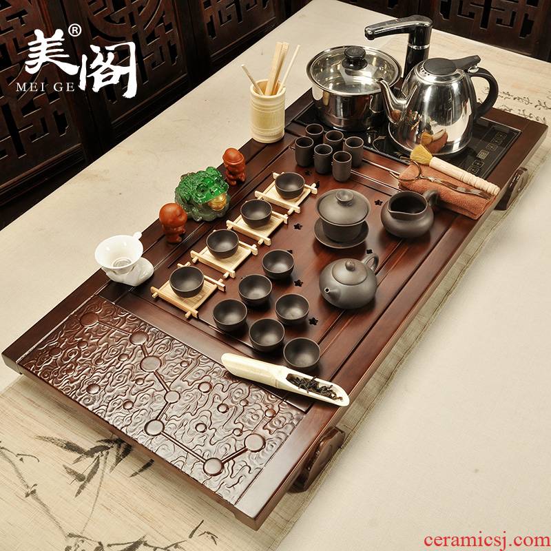 The pavilion home kung fu tea set a complete set of ceramic teapot teacup electric magnetic furnace solid wood tea tray tea tea taking