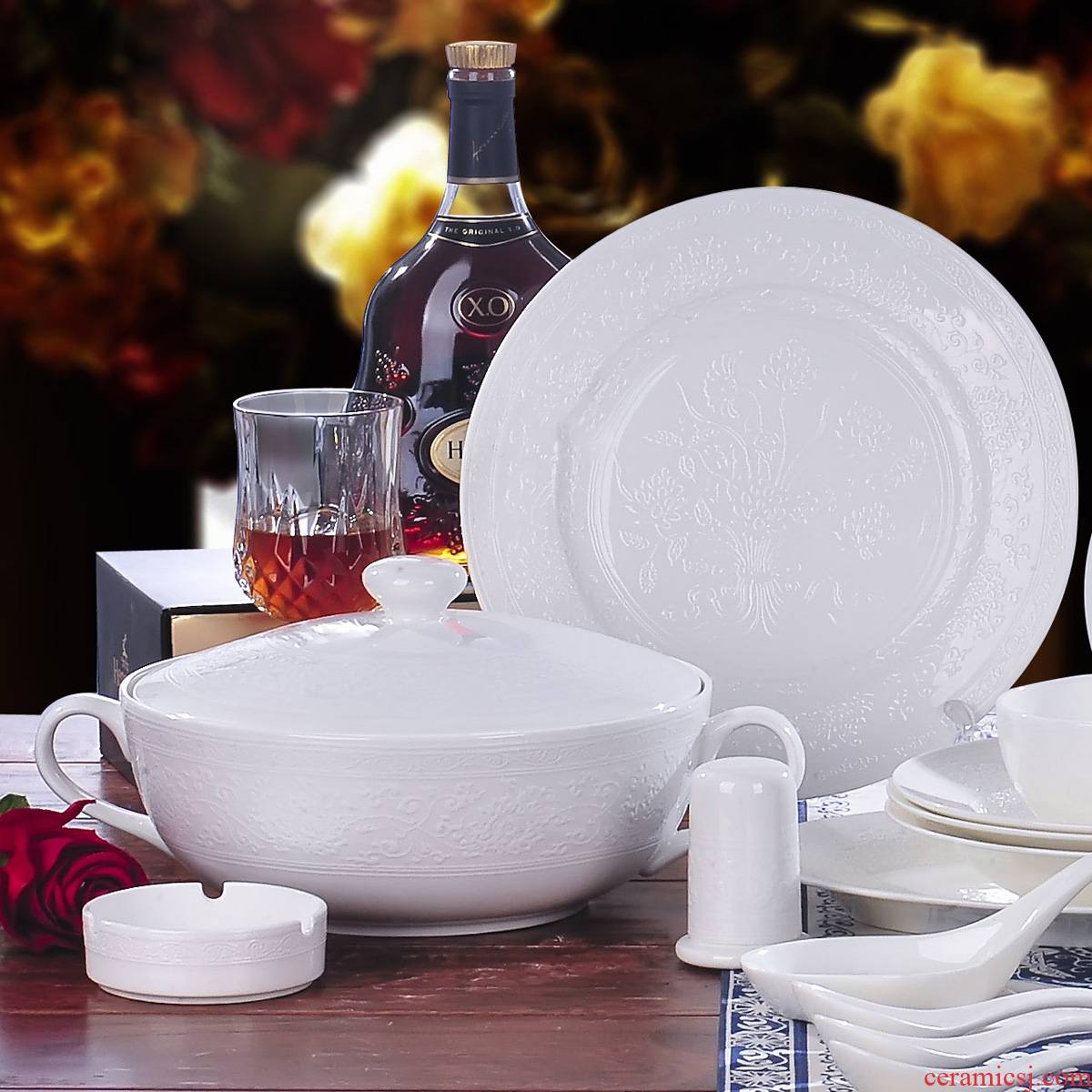 Red xin 56 head of jingdezhen ceramic tableware suit to use dishes Chinese porcelain tableware ceramic bowl white reliefs