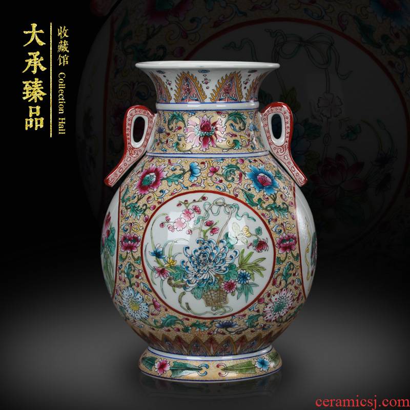 Jingdezhen ceramics antique hand - made colored enamel, grilled pattern open flower vases, Chinese style household furnishing articles of my ears