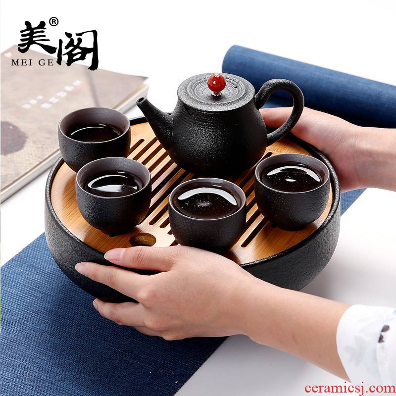 Beauty cabinet home tea sets, black pottery travel kung fu tea tray ceramic zen tea contracted the whole Taiwan black pottery