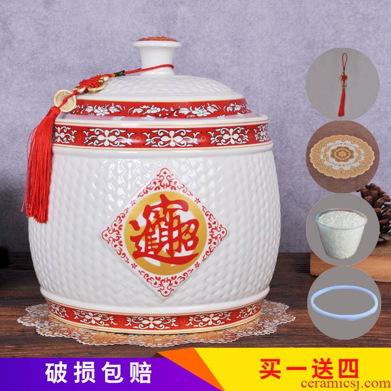 Jingdezhen ceramic barrel household moistureproof kitchen ricer box tank barrel storage bins with cover seal storage tank