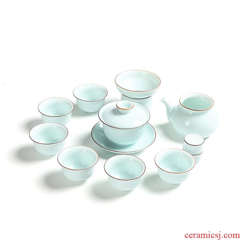 Ding heng celadon of a complete set of tea service suit green glaze kung fu tea tea pot lid bowl of tea cup gift boxes