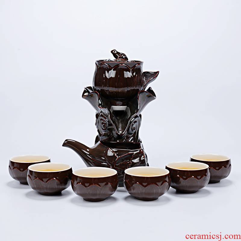 Lotus half automatic kung fu tea set ceramic household lazy creative tea teapot teacup of a complete set of millstones