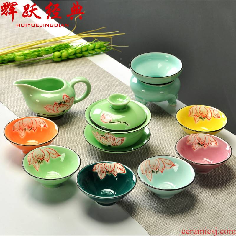 Hui make manual hand - made lotus the whole set of kung fu tea set six color ceramic teapot teacup tureen
