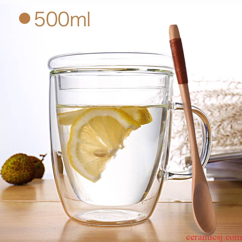 A Double transparent glass cup with cover spoon insulation creative home office have the coffee cup tea cup