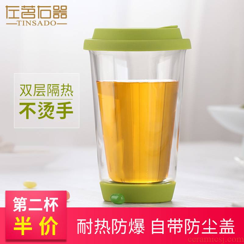 ZuoMing right is double the creative tea glass transparent heat insulation water cups with cover getting hot coffee cup