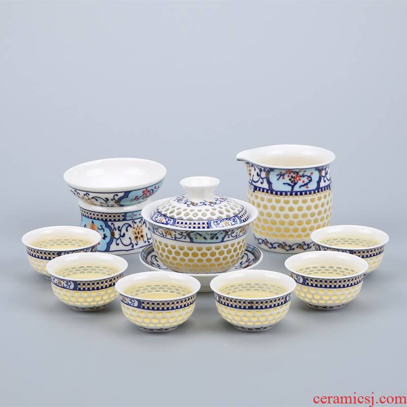 Blue and white porcelain tea set exquisite honeycomb hollow ceramic kung fu tea ice crystals honeycomb teapot teacup