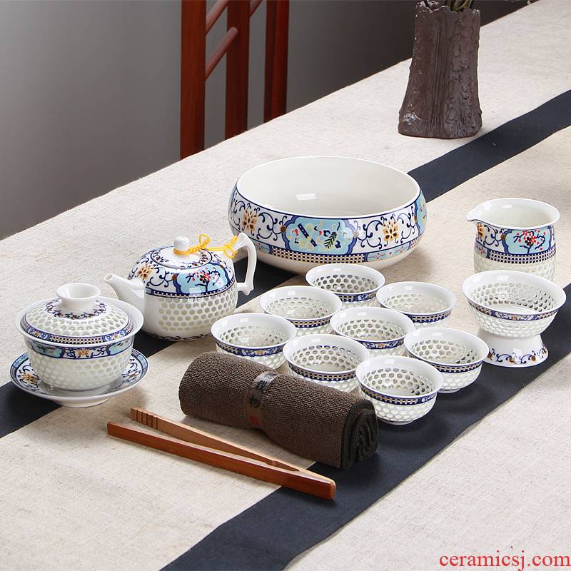 Blue and white porcelain tea set exquisite honeycomb hollow ceramic kung fu tea sets beehive teapot teacup