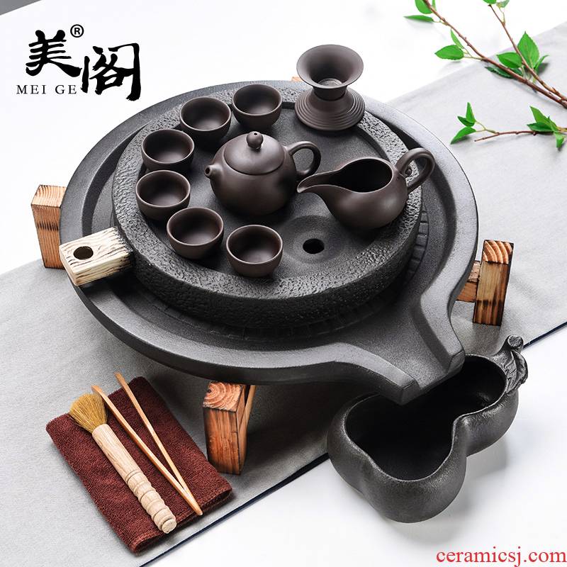 Beauty cabinet Japanese contracted solid wood double stone mill ceramic tea sets tea home ground kung fu tea set tea cups