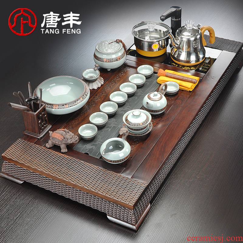 Tang Feng large ebony wood tea tray was sharply stone, ceramic kung fu tea set four tea table and electric heating furnace