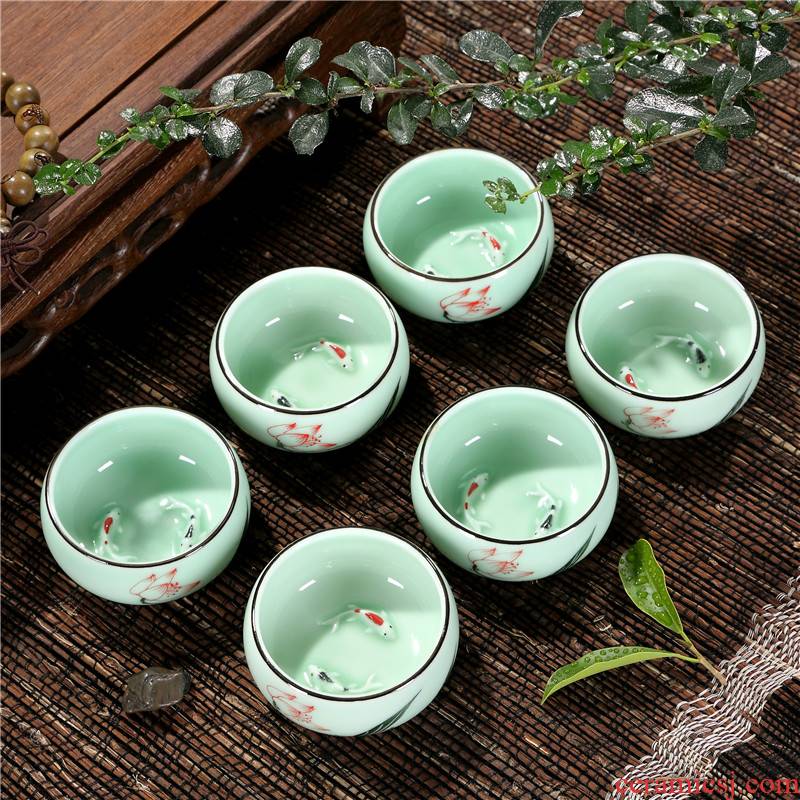 Celadon household goldfish fish kunfu tea cup tea set ceramic cup small fish bowl 6 pack porcelain cup