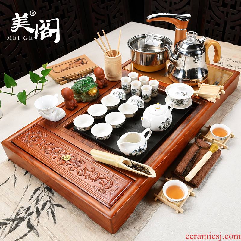 Beauty cabinet kung fu tea set suits for domestic ceramics receive a complete set of tea cups of tea tray automatic solid wood tea tea sets