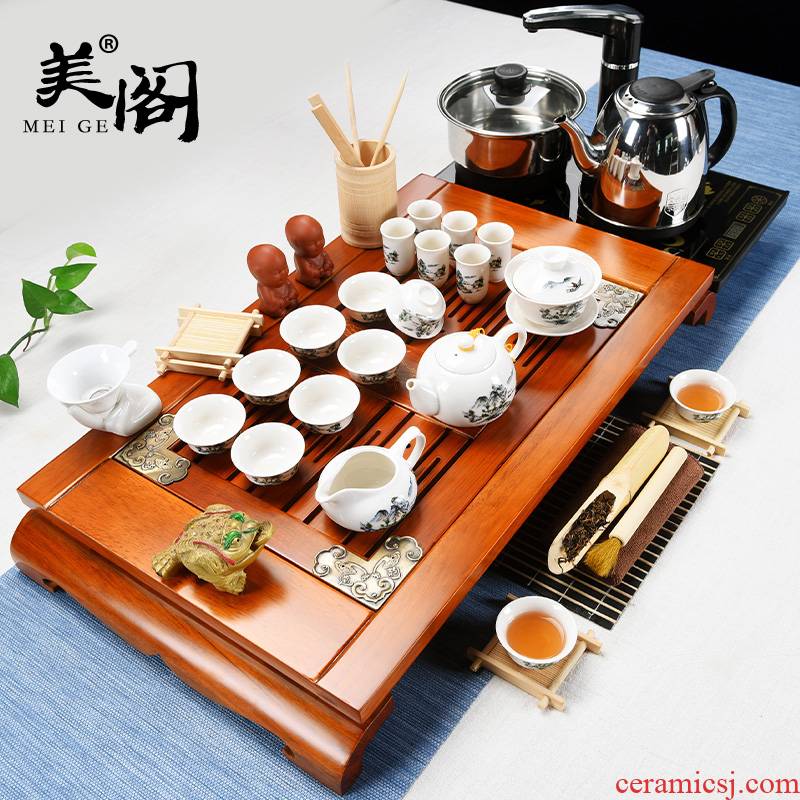 The pavilion tea set home a whole set of ceramic tea set tea, tea cup kung fu four unity contracted solid wood tea tray