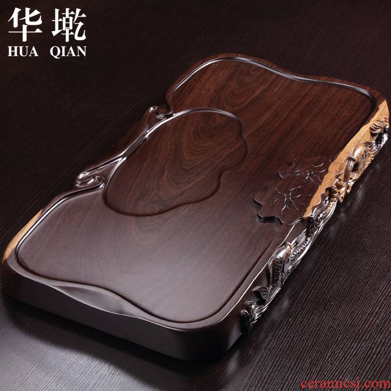 China Qian tea set side by hand carved blocks natural ebony log tea tray annatto saucer large solid wood tea
