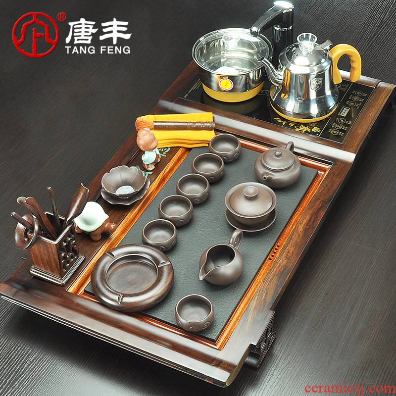 Tang Feng ebony wood tea set sharply stone panel of a complete set of purple sand tea set automatically four unity of electric heating furnace