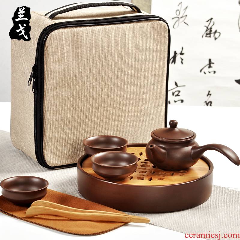 Having a complete set of portable travel old purple clay teapot dry yixing purple sand tea set kung fu tea tray cups