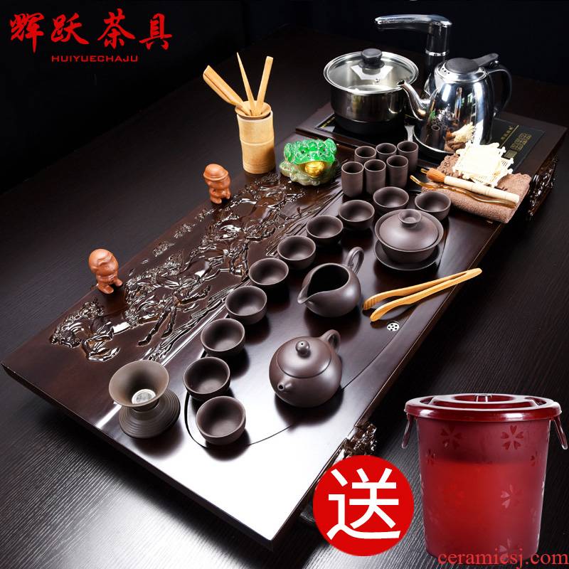 Hui make ceramics kung fu tea set suit household contracted purple sand cup suit induction cooker solid wood tea tray tea table