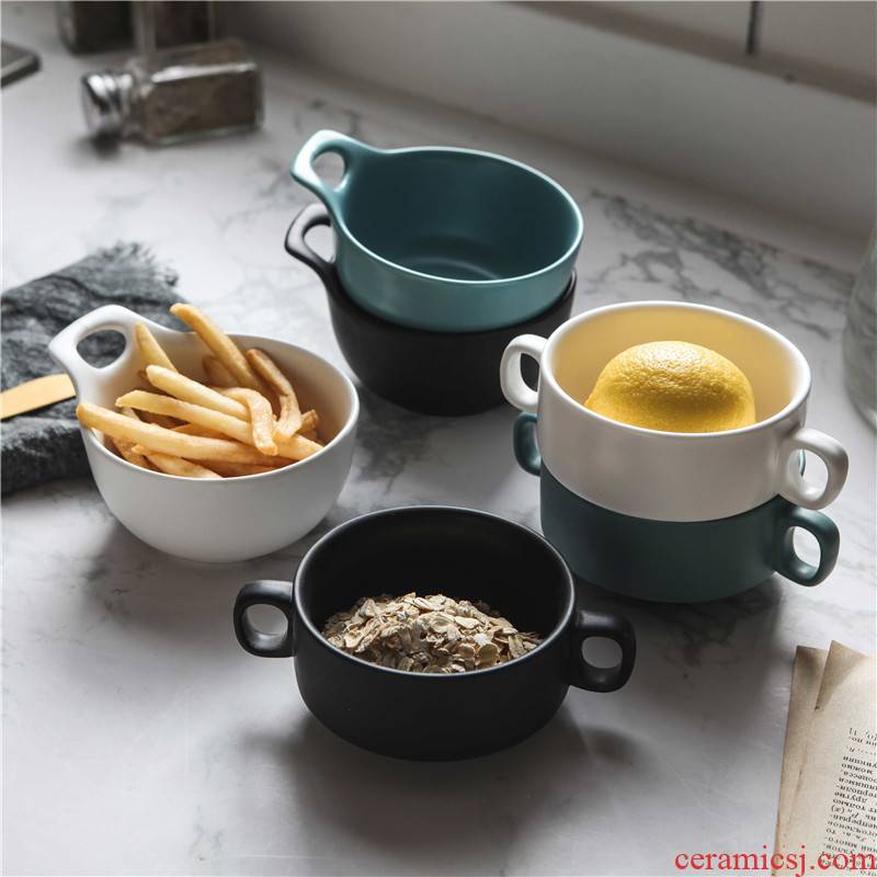 Creative Nordic contracted matte enrolled porcelain steamed egg bowl of soup cup ears porringer breakfast home western dessert soup bowl