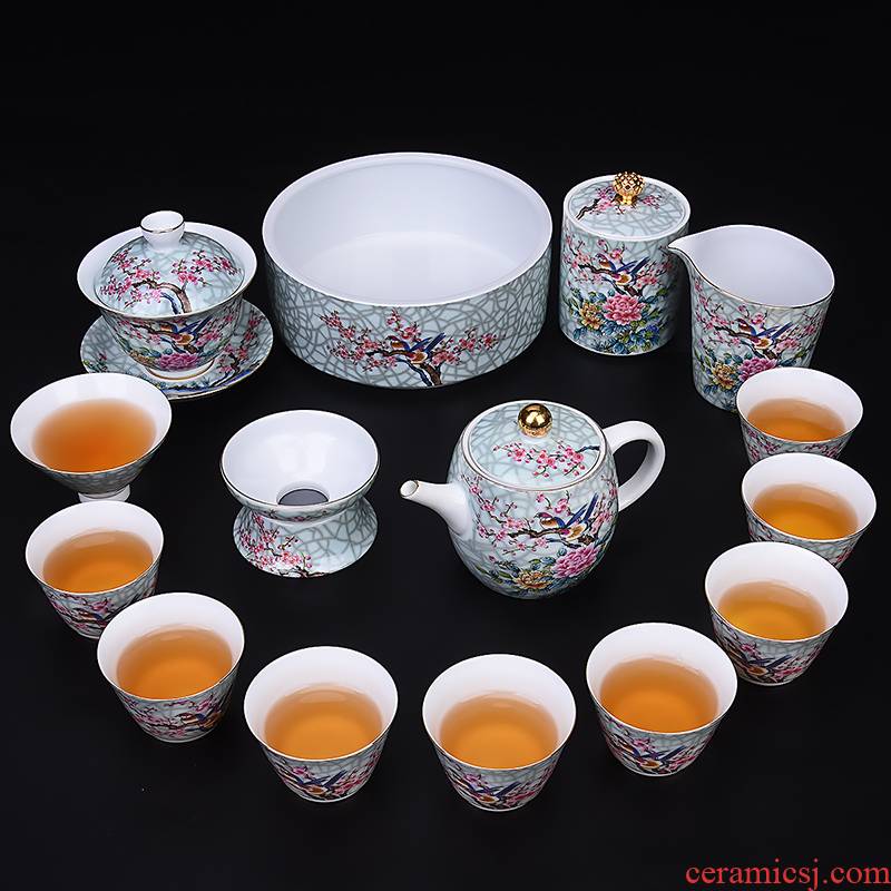 Dehua colored enamel kung fu tea set suit household of Chinese style restoring ancient ways gift tea tea accessories box lid bowl