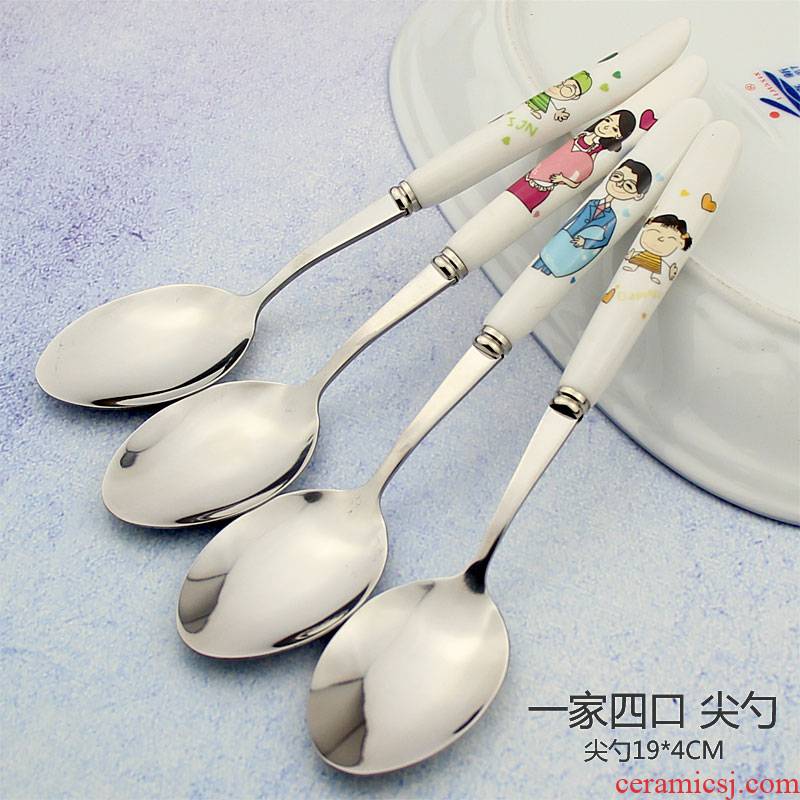 Stainless steel spoon, parent - child family of four ceramic spoon, adult children 's home for dinner spoon, lovely tableware with a spoon
