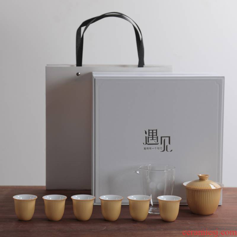 Jiangnan water streaks past glaze tureen kung fu tea set ceramic cups household contracted tea bowl