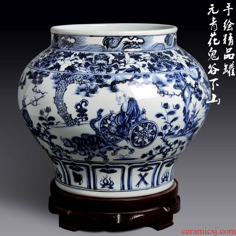 Jingdezhen ceramic antique vase yuan blue and white ghost cereal is downhill hand - made big pot than high copy is written