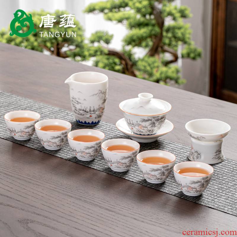 Gold colored enamel kung fu tea tea set suit household ceramics up ceramic white porcelain tureen teapot tea cups