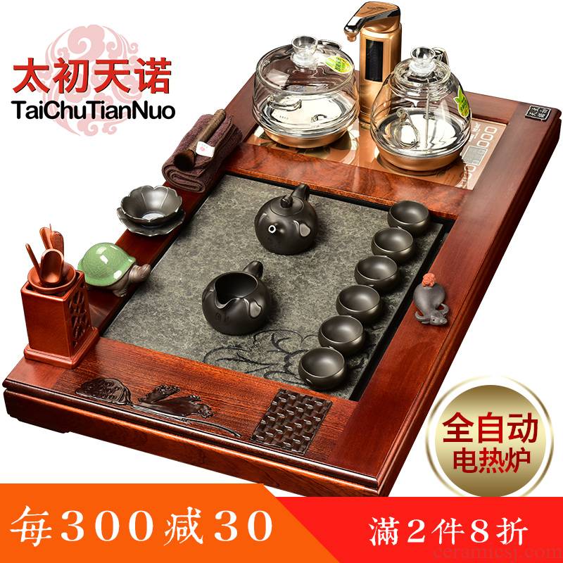 The beginning day, The whole tea set to spend pear wood redwood office with tea tray ceramic tea pot - automatic furnace