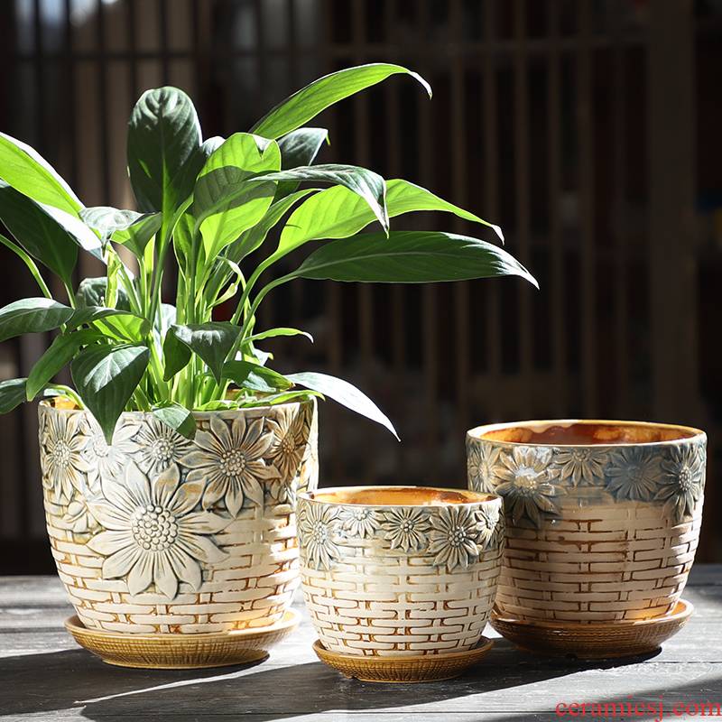 Flowerpot ceramic creative Chinese wind coarse pottery with tray was breathable contracted green plant money plant bracketplant household fleshy flower pot