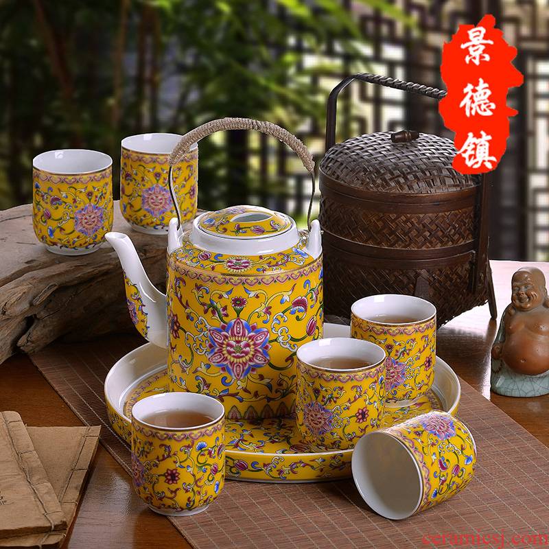 Jingdezhen ceramic tea set suit household enamel see colour of a complete set of the sitting room girder pot of tea tea tray was large teapot