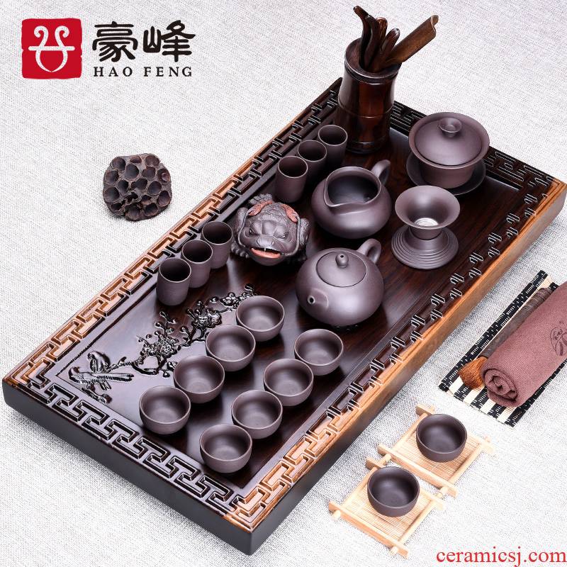 HaoFeng whole piece of ebony its solid wood tea tray tea sets of purple sand from the sea kung fu tea set