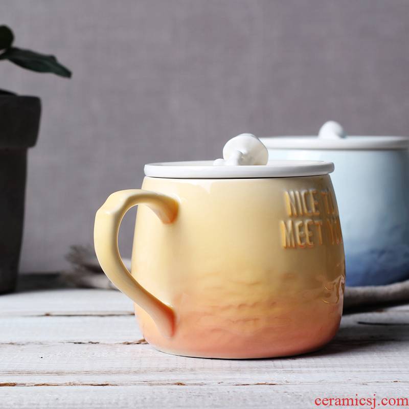 Creative ceramic cups with cover mark office coffee cup move couples cup breakfast cup to the voice of the sea gradient