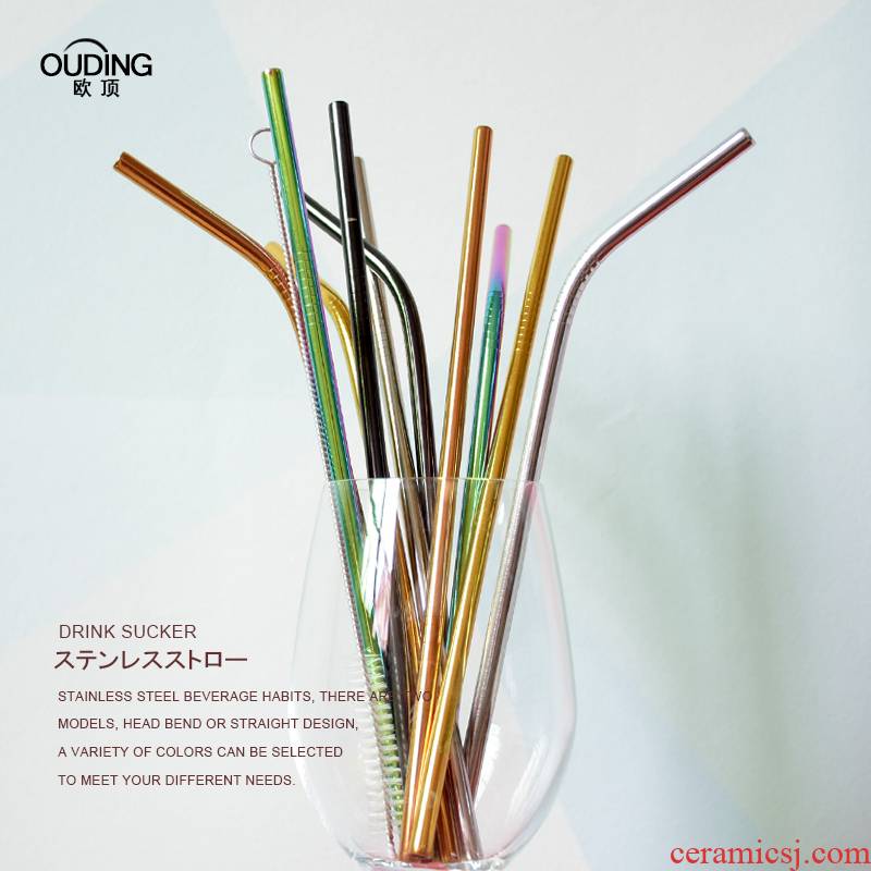 OUDING northern wind stainless steel pipe 304 metal bend glass iron straw green milk tea straw
