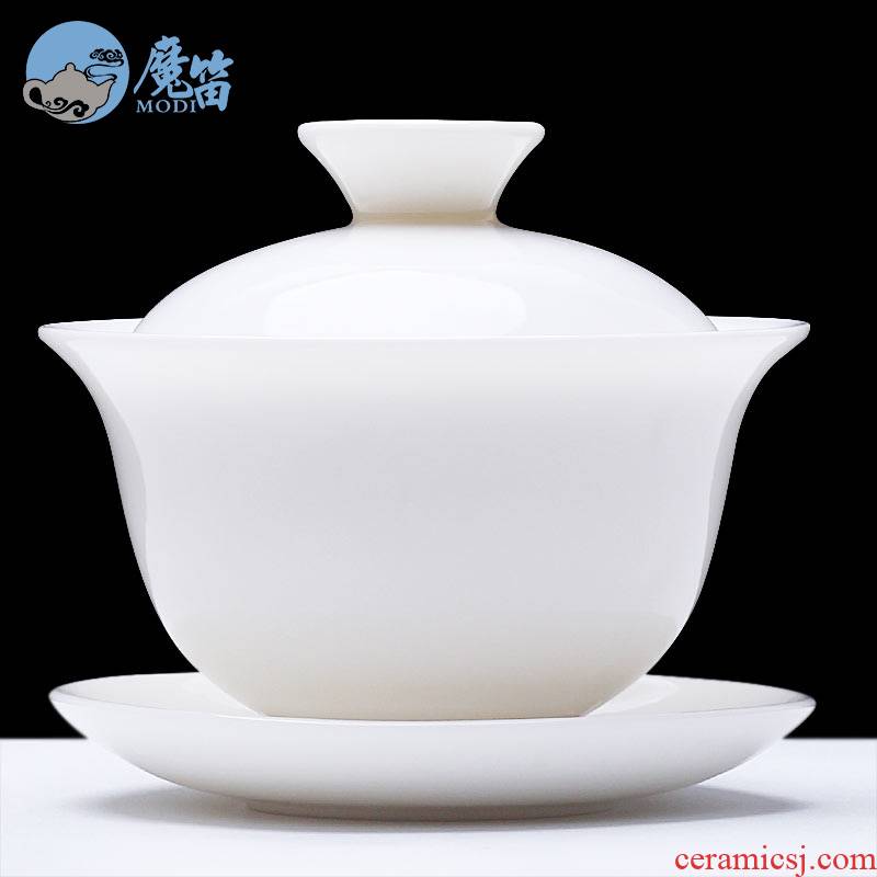 The flute suet jade pure manual tureen single tea tea cup large three bowl of tea ware jingdezhen porcelain