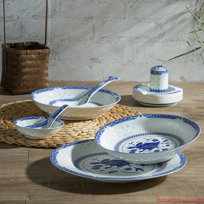 56 the head of Jingdezhen blue and white ceramics tableware suit Chinese style restoring ancient ways bowl dish dish combination suit household to eat bread and butter