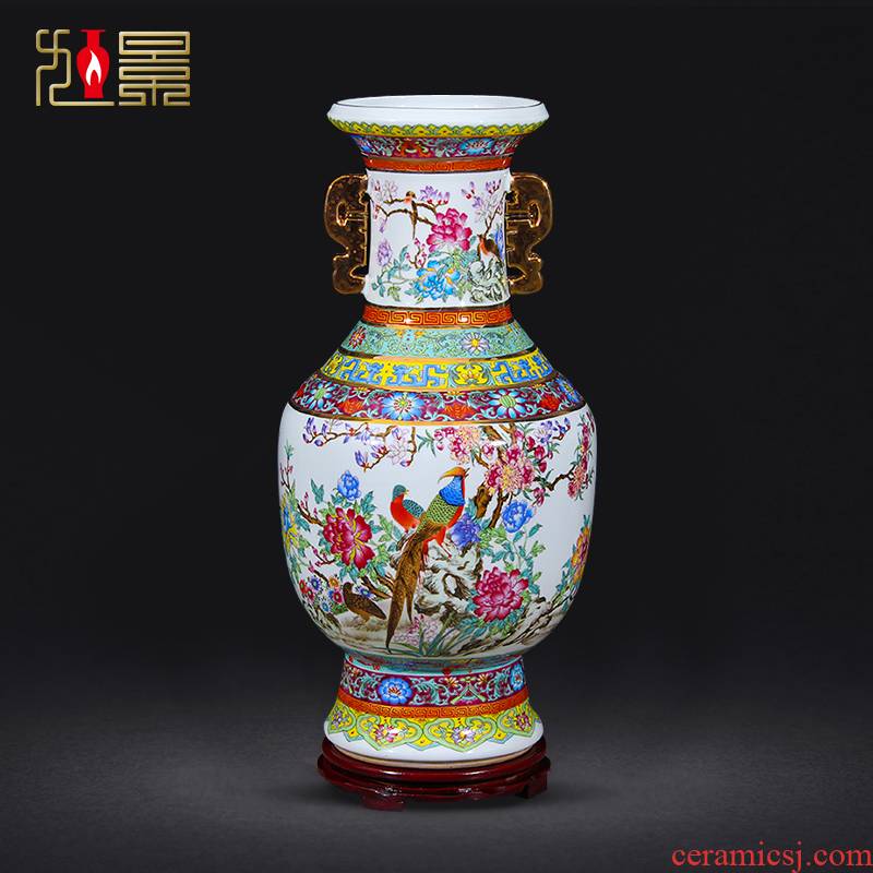 Jingdezhen porcelain qianlong pastel ears king porcelain painting of flowers and landing big vases, flower arrangement sitting room adornment is placed