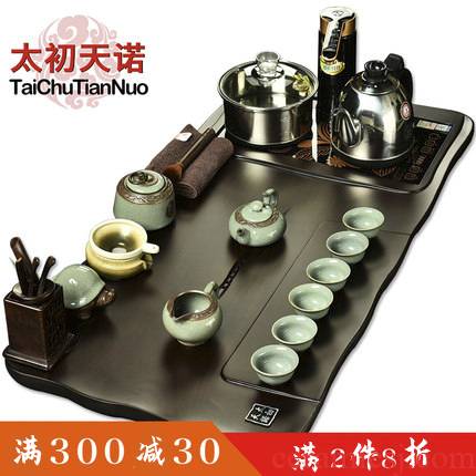 The beginning day, solid wood tea tray was Taiwan tea saucer purple purple sand tea set of a complete set of four unity furnace kung fu home