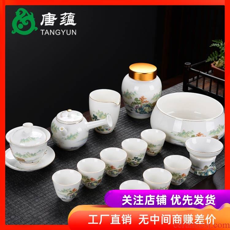 Suet jade porcelain kung fu tea set of a complete set of dehua white porcelain household contracted sitting room tea cup lid bowl suit