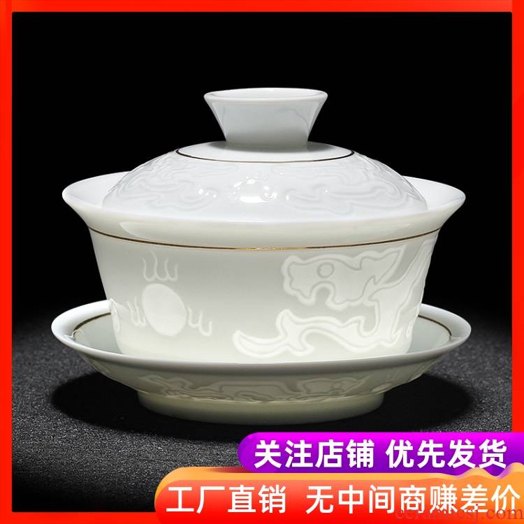 Jingdezhen pure manual only three tureen large cups kung fu tea set ceramic white porcelain tea bowl of blue and white porcelain