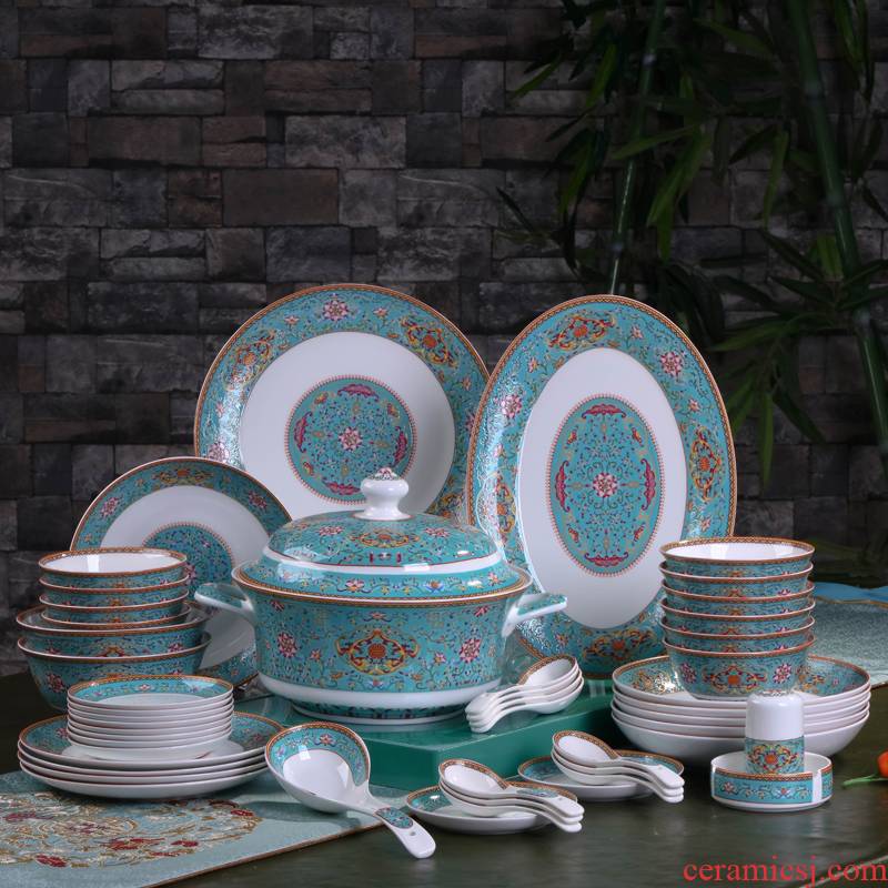 Jingdezhen dishes suit household ipads China tableware to eat tall bowl chopsticks combination colored enamel tableware suit