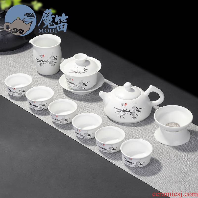 The flute dehua white porcelain household kung fu tea set simple set of ceramic teapot teacup of a complete set of office