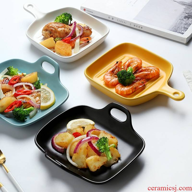 Creative dishes household rectangle pan ears ceramic cheese paella dish dishes microwave oven is special