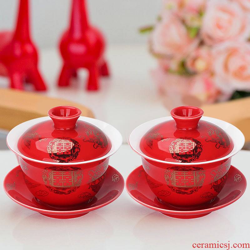 Wedding tea set to Mary tureen a pair of red double happiness three cups tureen pegged question cups supplies