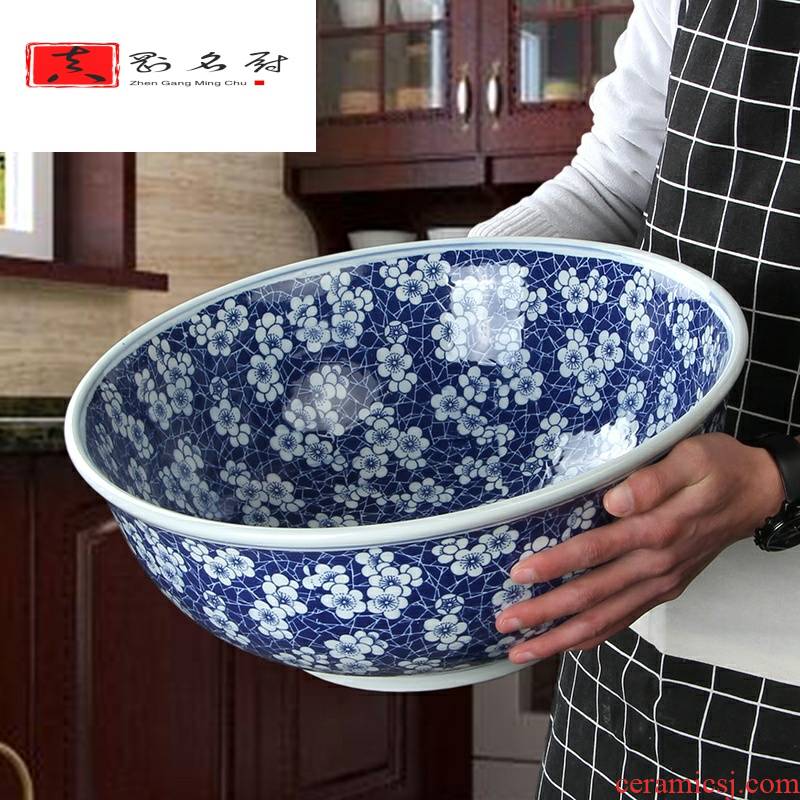 Super large blue and white soup bathtub cubicle ceramic household large bowl of noodles bowl tableware of ltd. fish pickled fish bowl