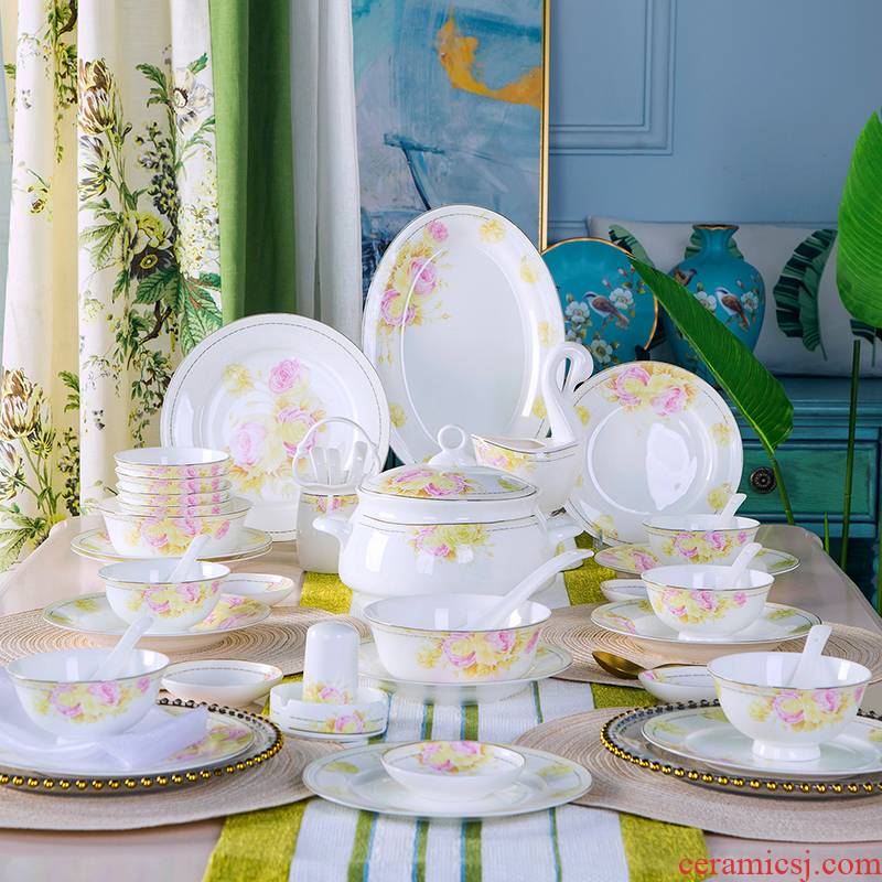 4/6 man Dishes suit household pottery and porcelain bowl plate combination Japanese eat bowl chopsticks jingdezhen ceramic tableware