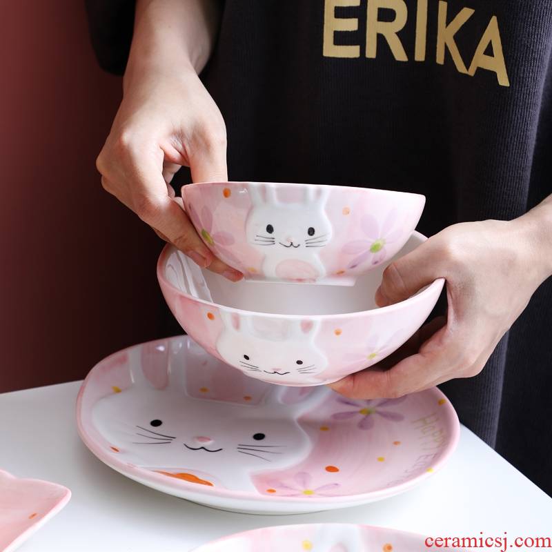 Japanese cartoon tableware suit the little white rabbit with pink lovers tableware household food dish of rice bowls adult web celebrity move