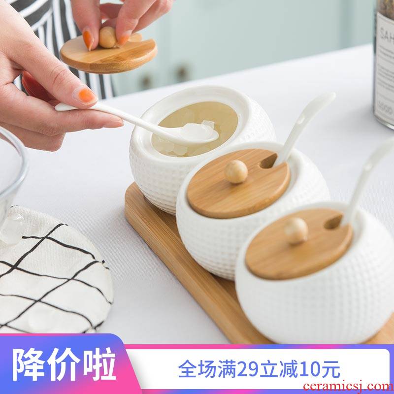 Ceramic utensils with cover spoon flavor pot three suits for kitchen utensils seasoning box of three - piece of love