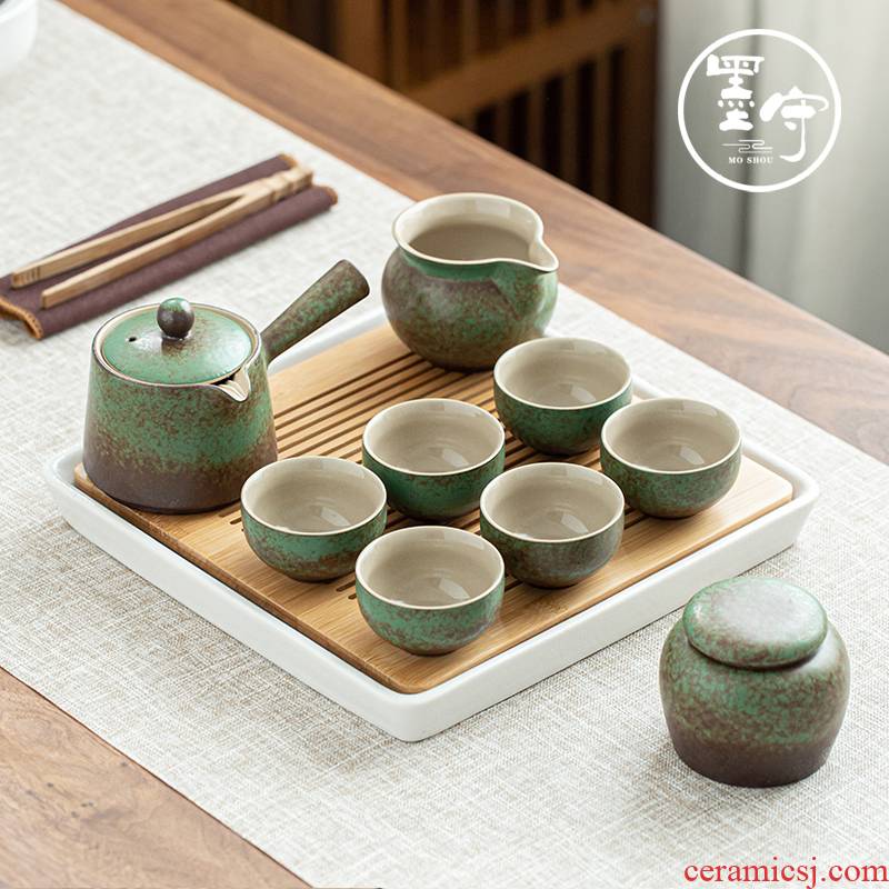 By grass green tea kungfu tea set suit household Japanese zen contracted ceramic cups tea tray gifts