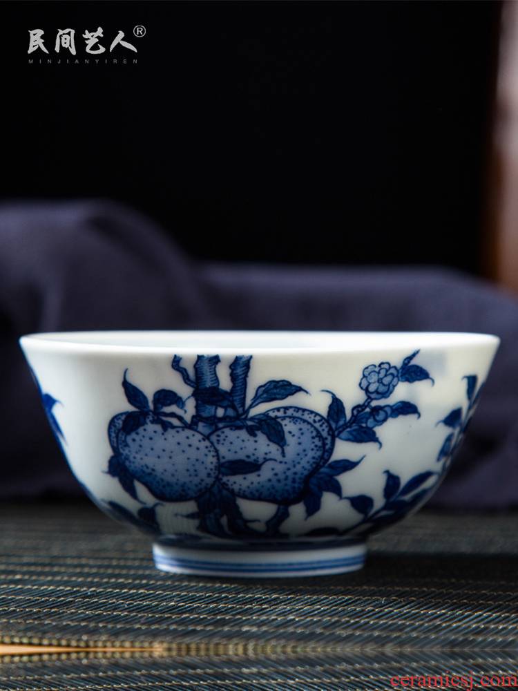 Folk artists hand - made nine peach wufu master cup single cup of blue and white porcelain jingdezhen ceramic large tea cups