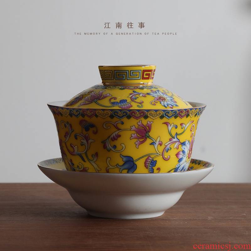 Jiangnan colored enamel past three to tureen large ceramic bowl cups kung fu tea set a single household tea cup